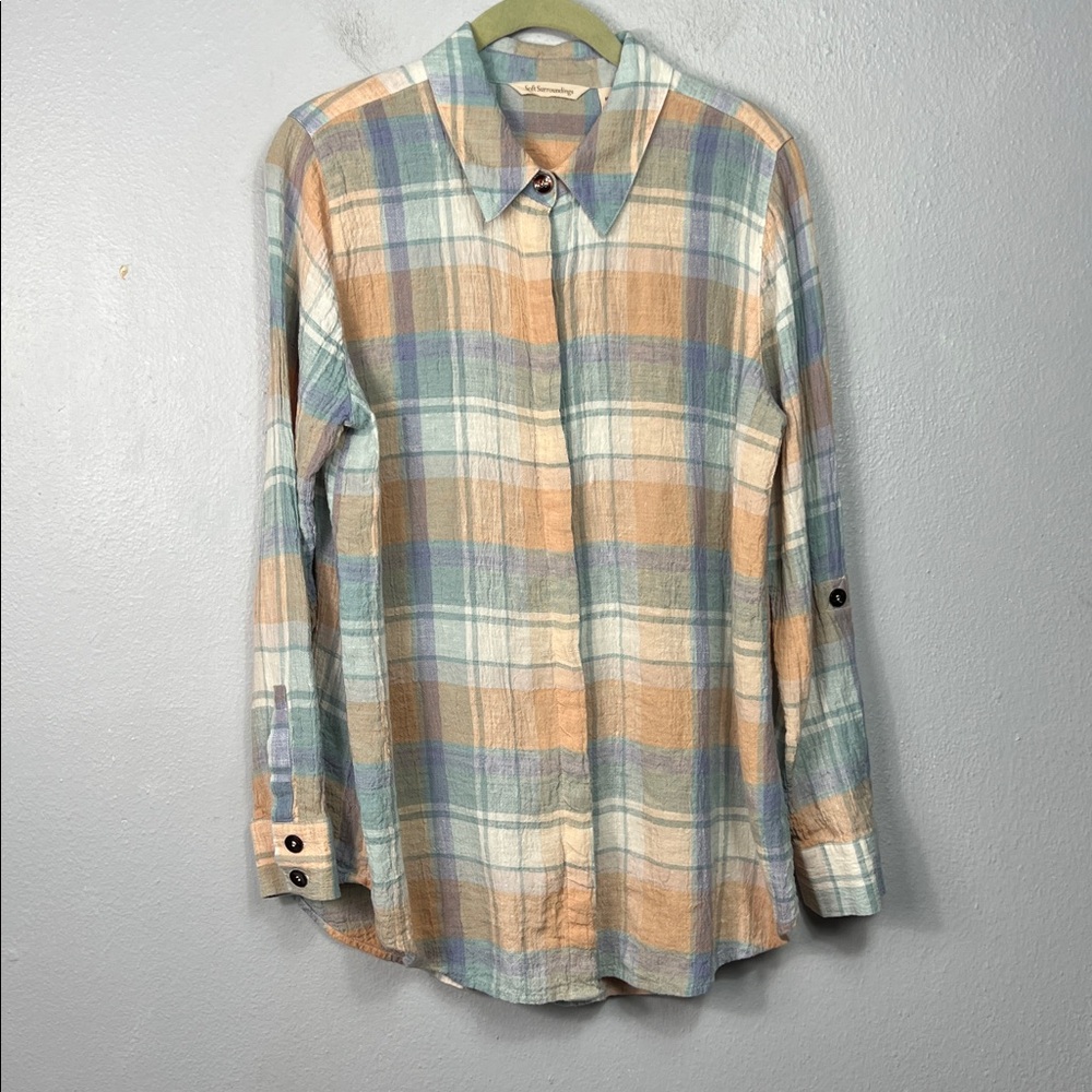 Soft Surroundings Linen Plaid long Sleeve Button Front Blouse Medium